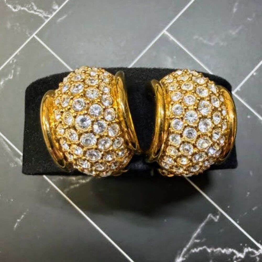 Vintage Swarovski Pave Crystal Dome Half Hoop Clip Earrings